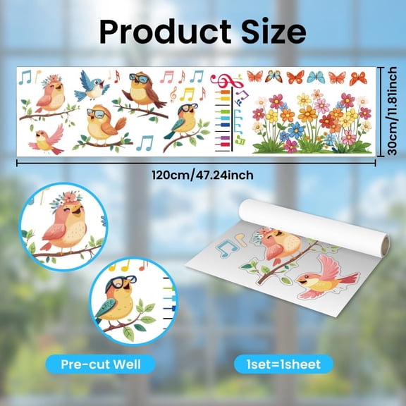 1 set Static Window Clings Birds and Musical Notes 1 Sheet Reusable Window Decals for Glass 47.24" x 11.8" Removable Double Sided Window Sticker for Room Office Home Decoration