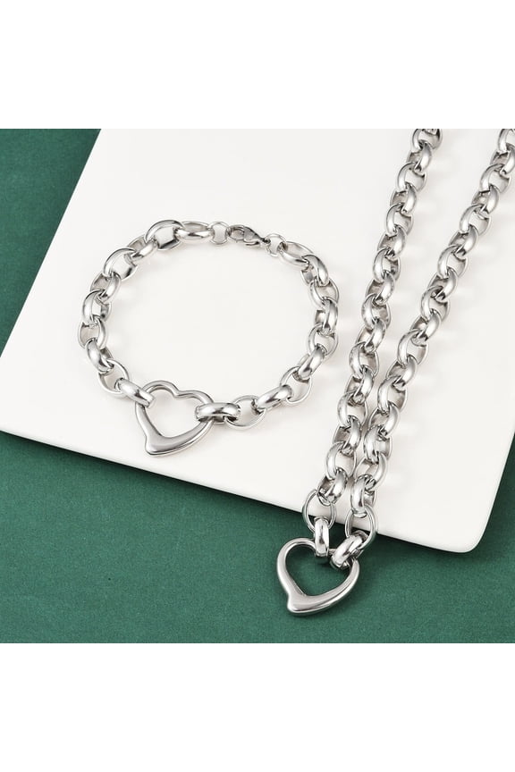 1 set Resistant 304 Stainless Steel Chain Jewelry sets Necklace and Bracelet with Lobster Claw Clasps and Open Heart Links Stainless Steel color 17 inch 8-1/4 inch~9 inch(210~230mm)