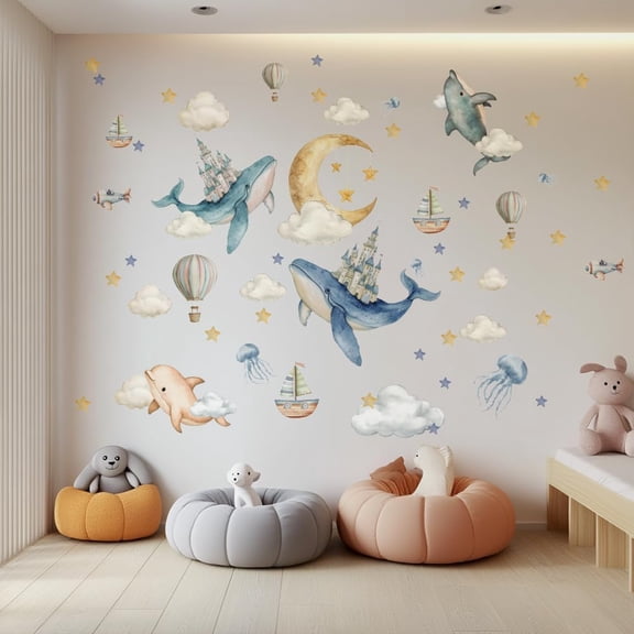 1 set Translucent PVC Self Adhesive Wall Stickers Waterproof Building Decals Whale 1180x390+600x300mm 3 sheets/set