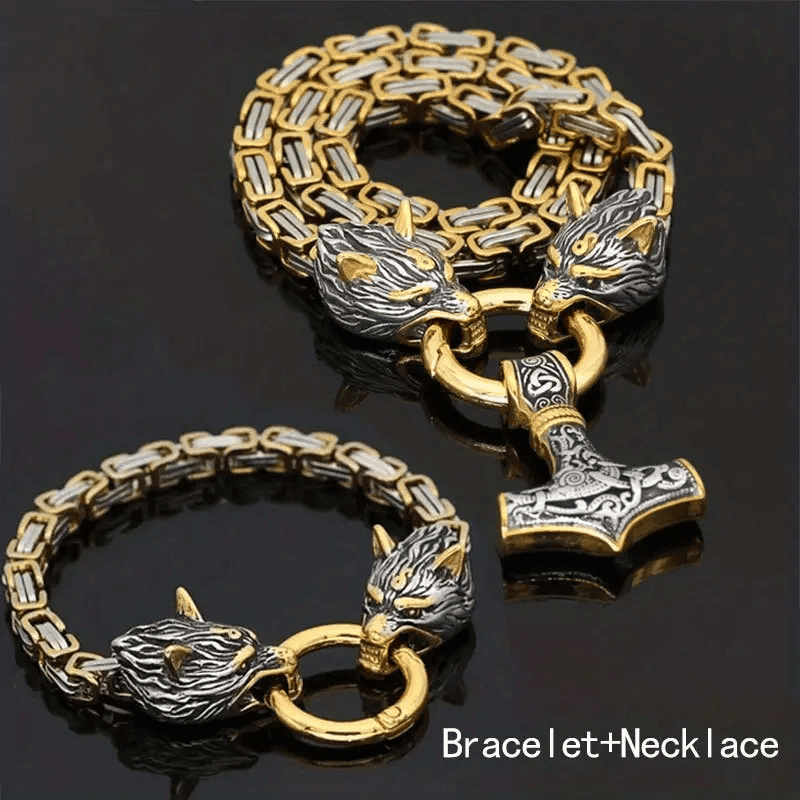 GENERIC 1 set of Weijing-style wolf spell necklace and bracelet suits-Nordic hammer pendant jewelry men's and women-stainless steel king chain, punk hip hip hip fashion, boyfriend girlfriend gifts,Gold