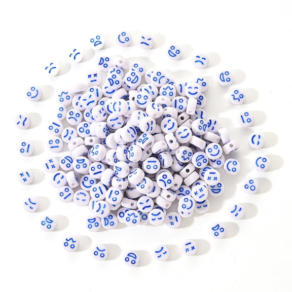 1 set White Opaque Acrylic Beads Flat Round with Expression Dodger Blue 7x4mm Hole: 1.6mm 200pcs/set