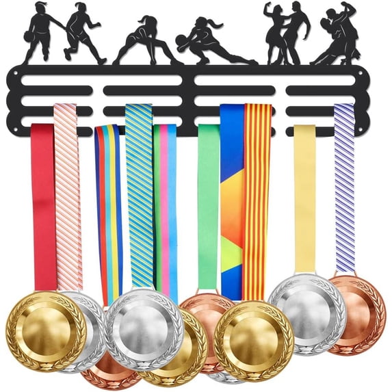 1 set Women's Basketball & Volleyball & Dance Theme Iron Medal Hanger Holder Display Wall Rack with Screws Sports Themed Pattern 150x400mm