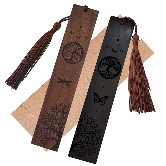 1 set Wood Bookmarks Set Laser Engraving Rectangle Tree of Life Pattern 148x25mm 2pcs/set