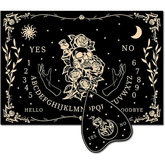 1 set Wood Spirit Board Pendulum Board Wooden Talking Boards with Planchette Black Dowsing Divination Game Kit Spirit Hunt Metaphysical Message Decor for Wicca 11.8X 8.3 Inch-Skull and Rose