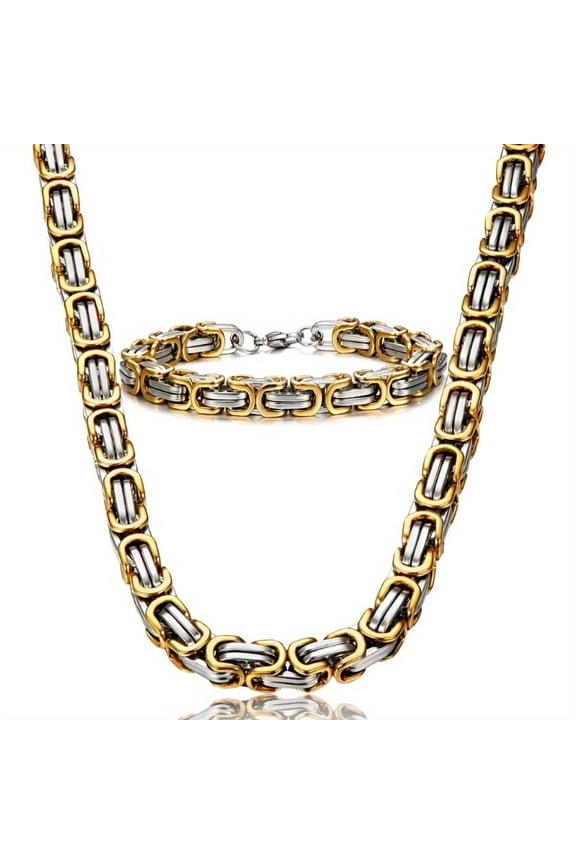 1 set of edgy stainless steel Byzantine chain necklaces and bracelets for men - durable, classic, multifunctional jewelry - perfect for giving him,24 inches