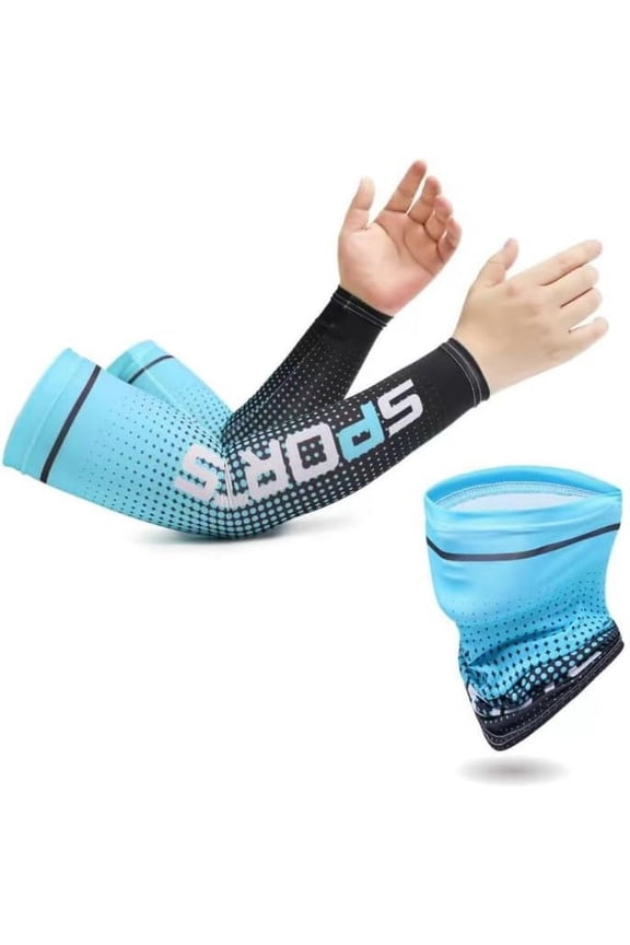 1 set of UV protection ice silk cooling sleeves and face mask neck scarf. Best equipment for going out in summer