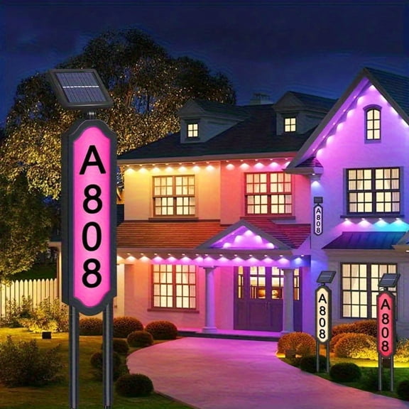 1 set of outdoor solar-powered path lights and signs (including posts), plastic solar-powered LED house numbers, suitable for homes and yards