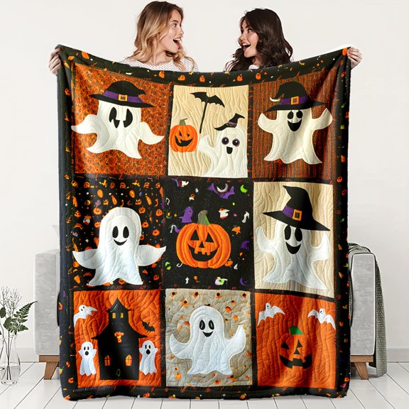 1 soft and comfortable Halloween magic: and pumpkin patchwork flannel blanket, suitable for sofas, beds, offices, and outdoors - perfect for all seasons, perfect gift for family and friends, versatil