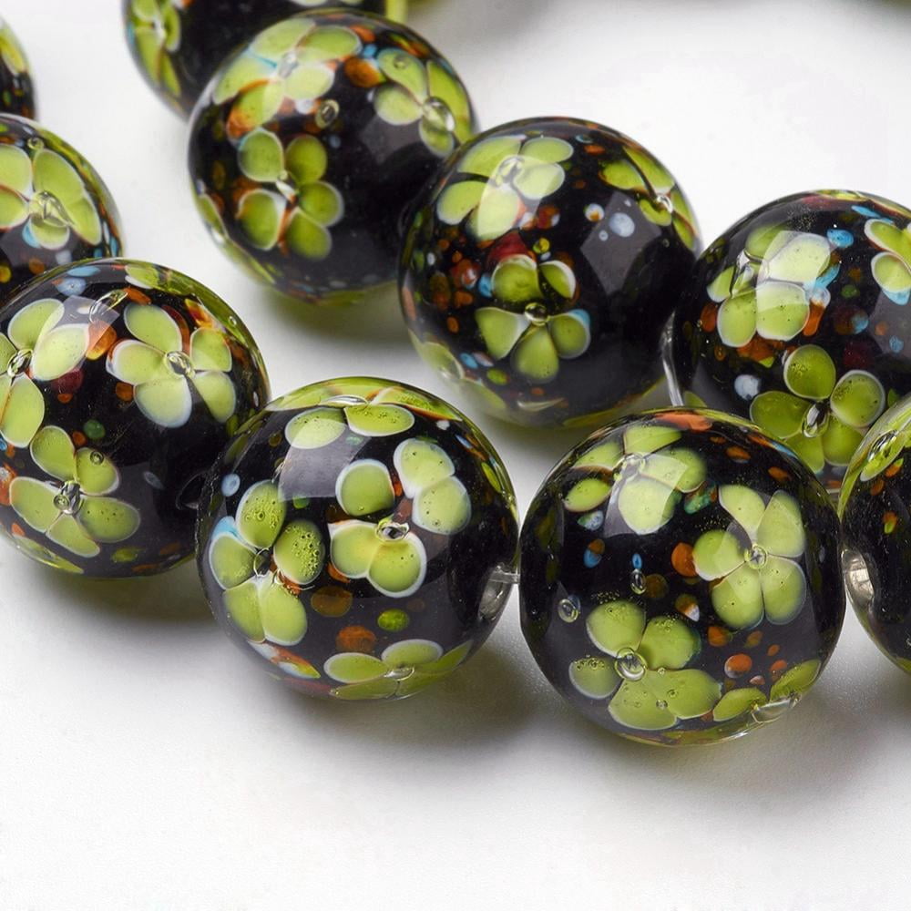 1 strand Handmade Inner Flower Lampwork Beads Strands Round Green Yellow 19~20mm Hole: 2.5mm 18pcs/strand 12.99 inch
