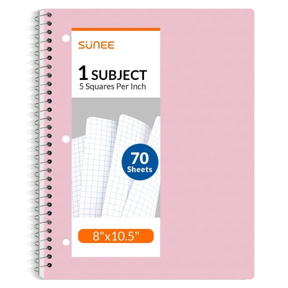 1 subject spiral notebook graph ruled, 70 sheets, 5 squares per inch, 8 x 10.5 inches, 3 hole punched, for engineers s writers, pink