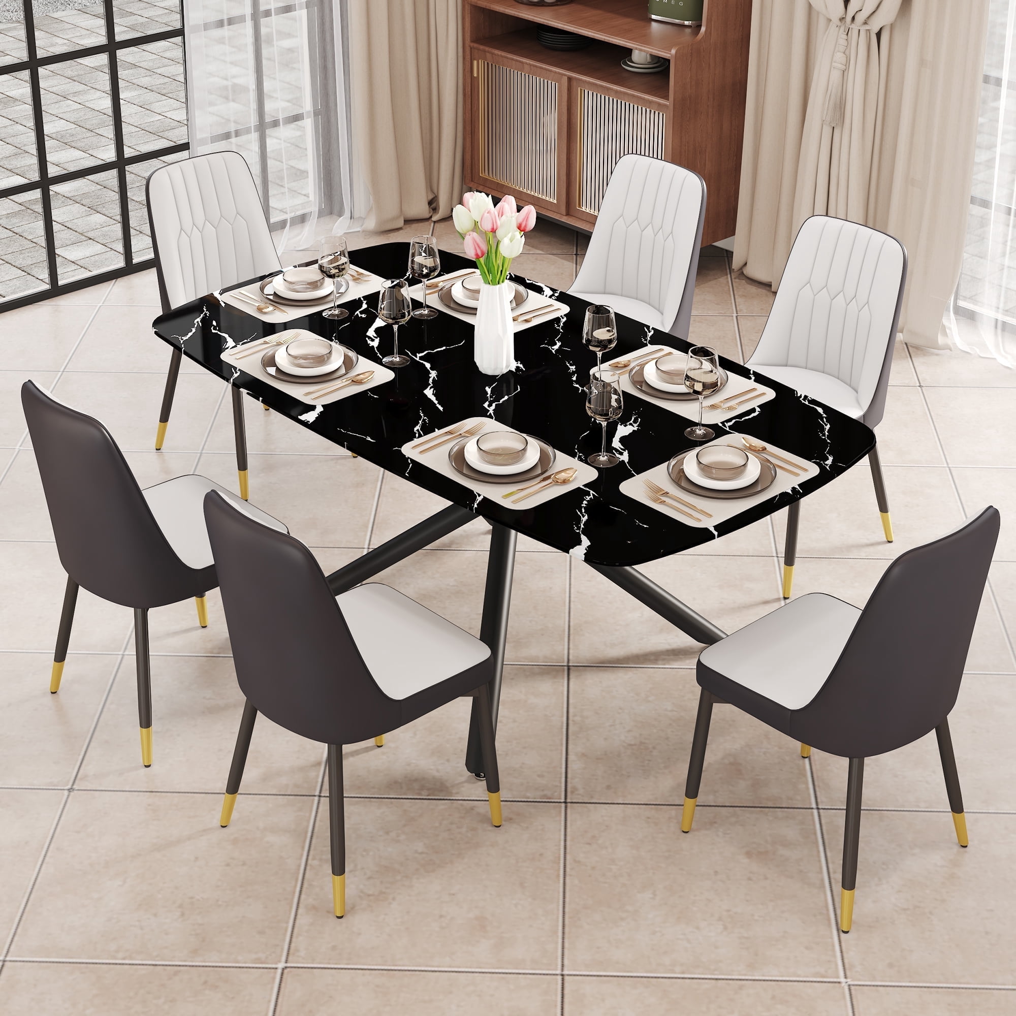1 table and 6 chairs set.A rectangular dining table with a imitation ...