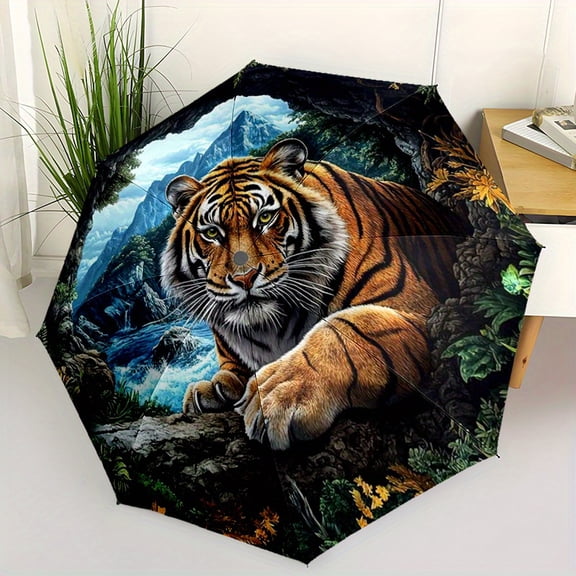 1 tiger themed automatic folding umbrella, lightweight design with 8 bones, self opening/closing, weather resistant canopy and tiger pattern handle -