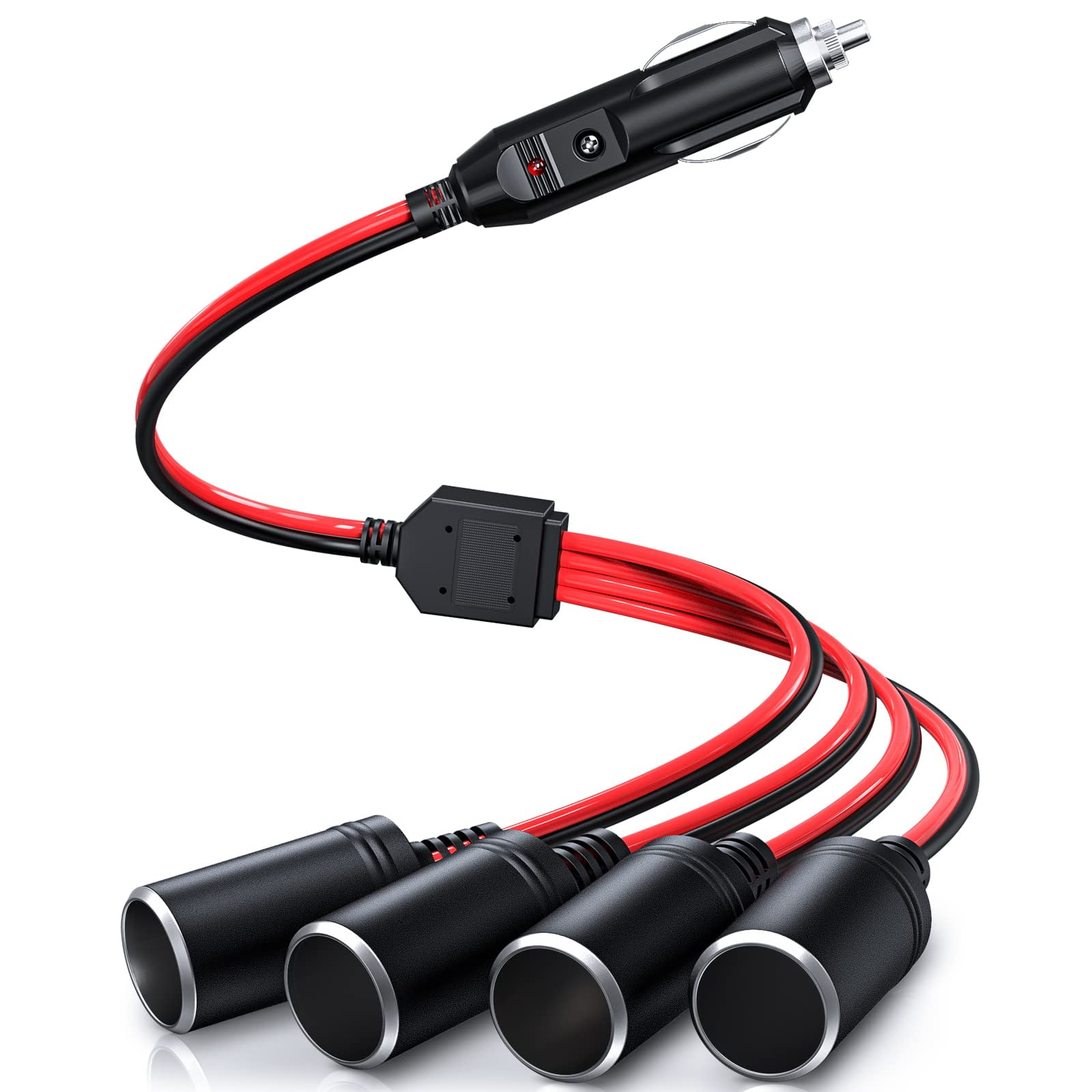1 to 4 Car Cigarette Lighter Splitter Adapter,12V/24V 4Way Splitter, 12 inch Extension Cord