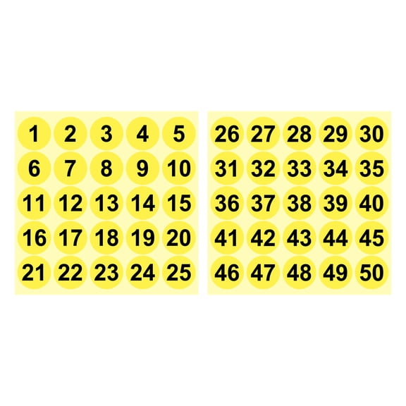 1 to 50 Number Stickers 1.5 Inch, Vinyl Round Labels for Inventory, Yellow