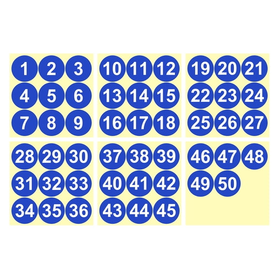 1 to 50 Number Stickers 2 Inch, Vinyl Round Labels for Inventory, Blue