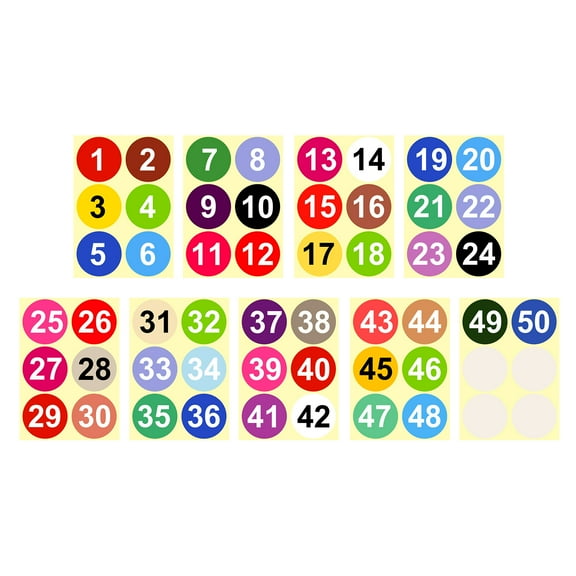 1 to 50 Number Stickers 4 Inch, Vinyl Round Labels for Inventory, Multicolor