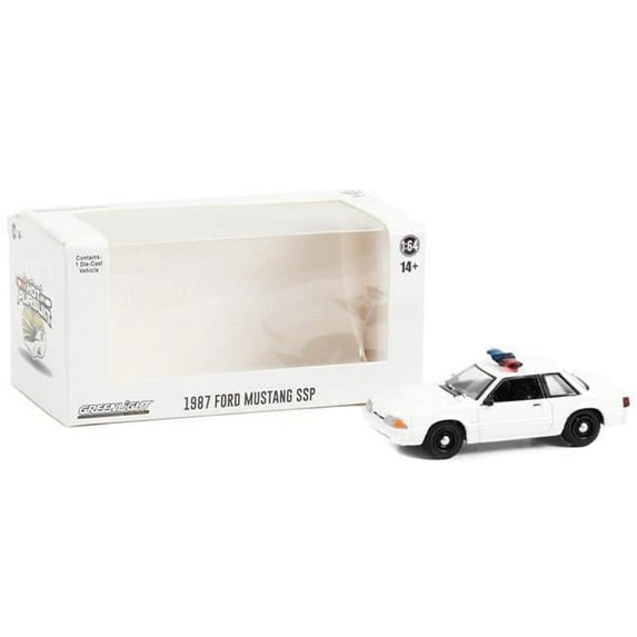 1 to 64 Scale 1987-1993 Ford Mustang SSP White Police Car with Light Bar Hot Pursuit Hobby Exclusive Series Diecast Model Car