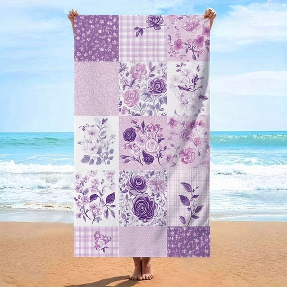 1 vintage floral beach towel - soft oversized microfiber towel, pink purple lavender rose and lilac pattern, quick drying and lightweight for swimming pools, travel, home decor