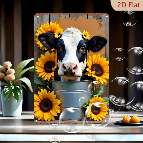 1 vintage iron metal sign piece with cows and sunflowers - Rustic iron wall art for home, office, café, bar, and garage decor - Easy to hang, versatile for decorations 8*12inch
