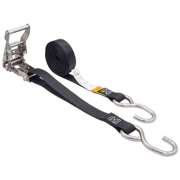 1" x 10' Stainless Steel Ratchet Strap with S-Hooks - 765 lbs Break Strength, Corrosion Resistant Marine Tie Down Strap for Boats, ATVs, Trailers, Snow & Saltwater Use
