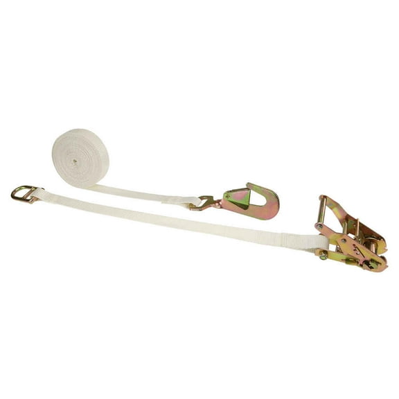 1" x 15' White Tent Ratchet Strap w/ Twisted Snap Hook & Double D-Ri