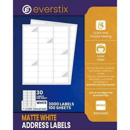 1" x 2-5/8", 100 Sheets, 3000 Mailing Address Labels, White Sticker Labels for Laser & Inkjet Printers, Permanent Adhesive