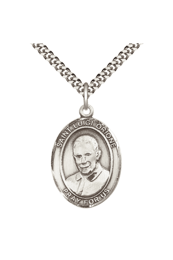 1 x 3/4" Oval Pewter Saint Luigi Orione Medal Pendant on 24 inch Rhodium Plated Heavy Curb Brass Chain with Lobster Claw clasp, Catholic Religious Necklace -Made in USA- Deluxe Velvet Gift Box