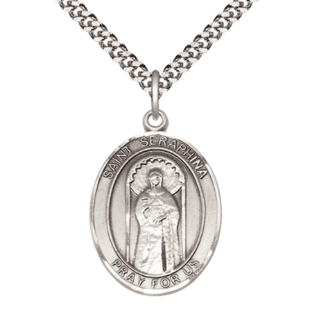 1 x 3/4" Oval Pewter Saint Seraphina Medal Pendant on 24 inch Rhodium Plated Heavy Curb Brass Chain with Lobster Claw clasp, Catholic Religious Necklace -Made in USA- Deluxe Velvet Gift Box