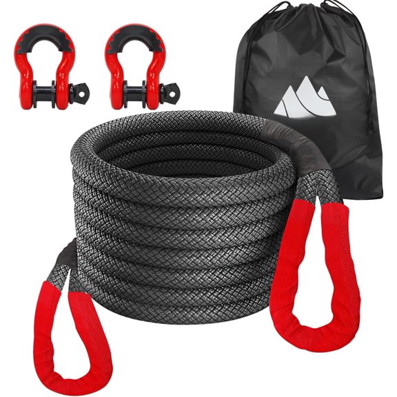 1" x 30' Kinetic  Rope 56,000lbs with 2 D-Ring Shackles,  Offroad  Kit, Nylon Kinetic Tow Ropes for , Pickup, Tractor, SUV, UTV, ATV, RV, Black