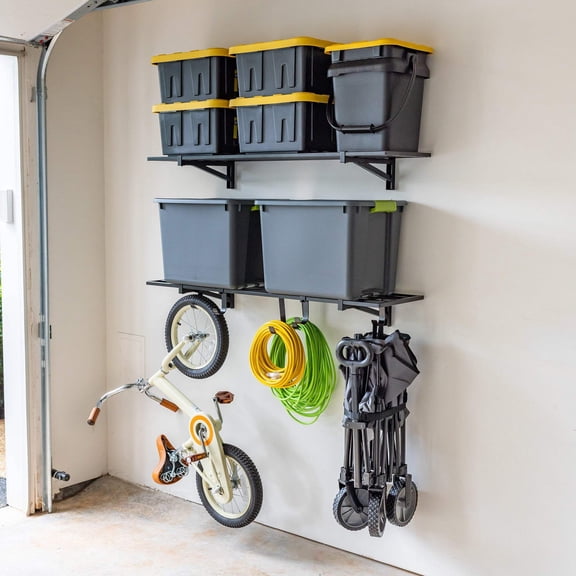 Heavy-Duty Garage Shelving with Hooks, Garage Organization, 2 Pack, Black Steel