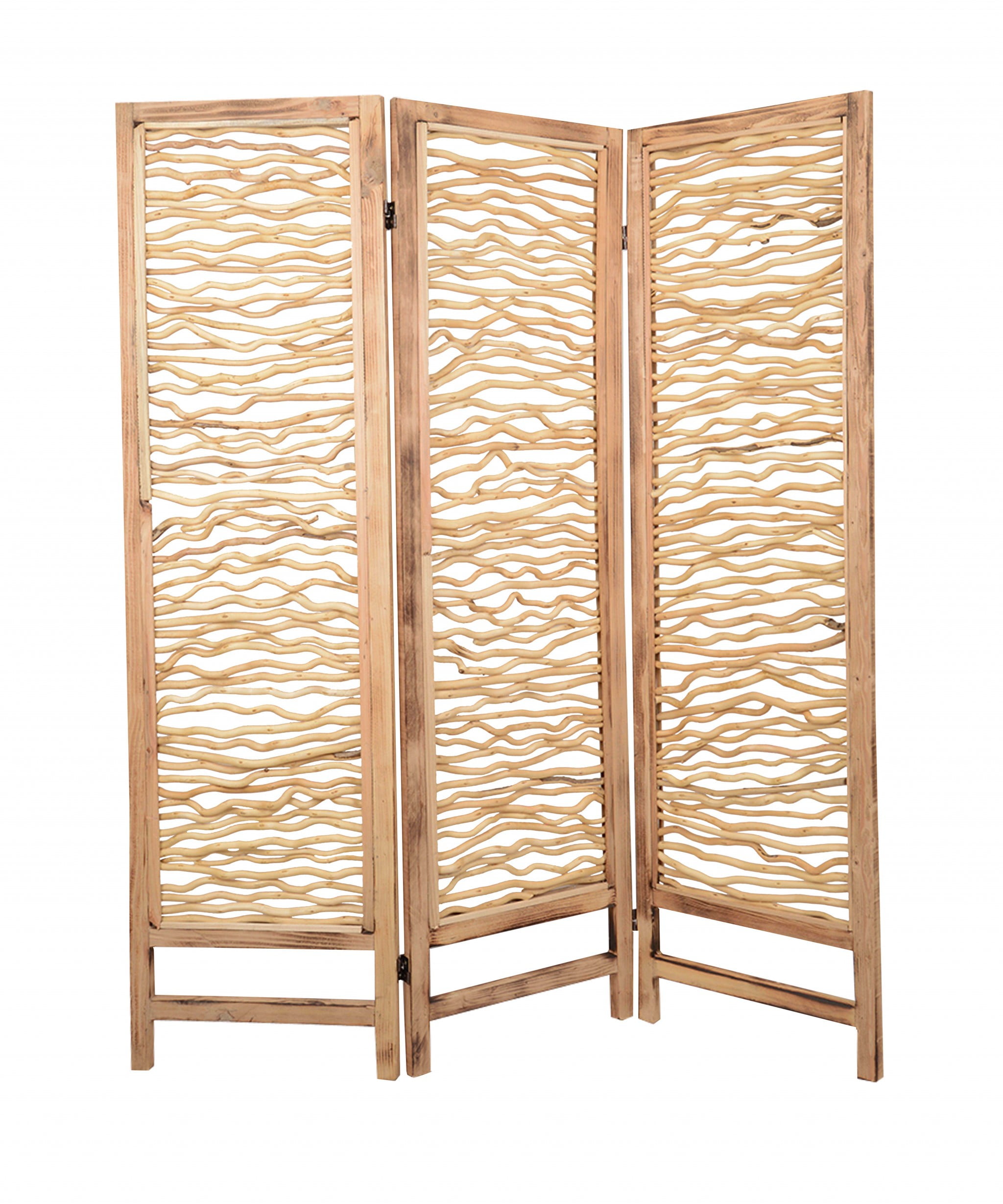 Natural Brown Wood 3-Panel Folding Screen with Decorative Willow Branches