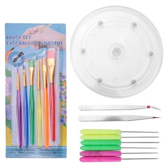 1 x Cookie Turntable 6 x Stir Scriber Needles 6 x Cookie Decoration Brushes 2 x Tweezers-as shown