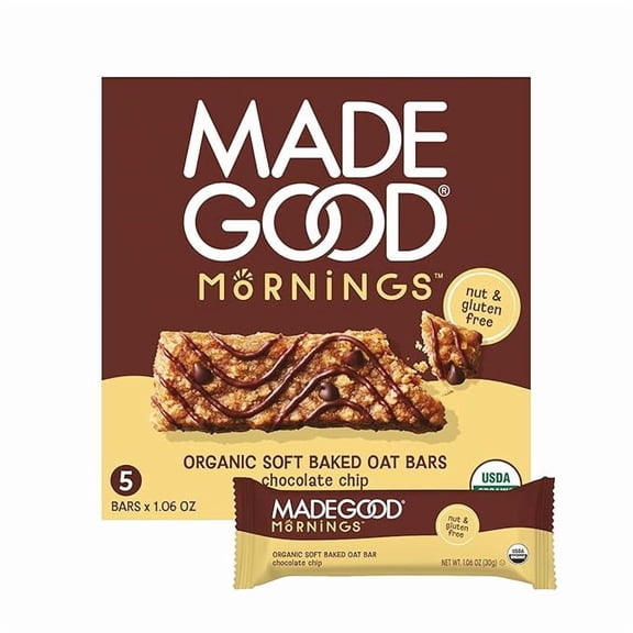 1 x MadeGood Morning Chocolate Chip Bars, 5ct/5.3oz, Organic Snacks