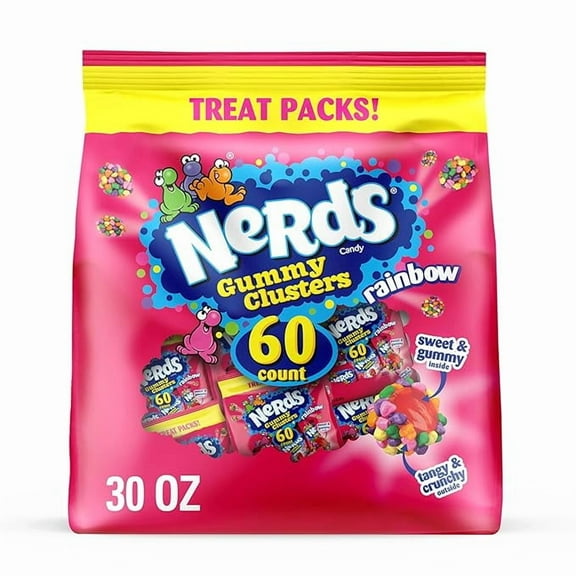 1 x NERDS Gummy Clusters, Candy Treat Packs, Rainbow, Crunchy and Gummy, 30 oz (60 ct)