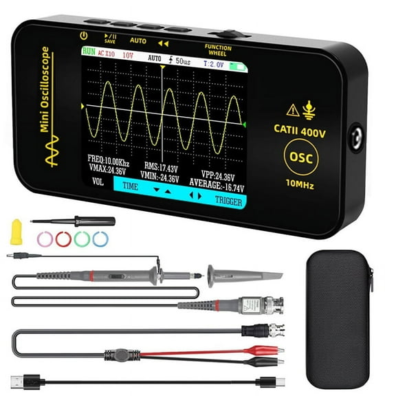 1 x OT3 portable oscilloscope 1 x Oscilloscope probe 1 x Red and black alligator clip 1 x USB type-C data cable 1 x EVA storage bag 1 x Regulating Rod 4 x Color ring-As Shown