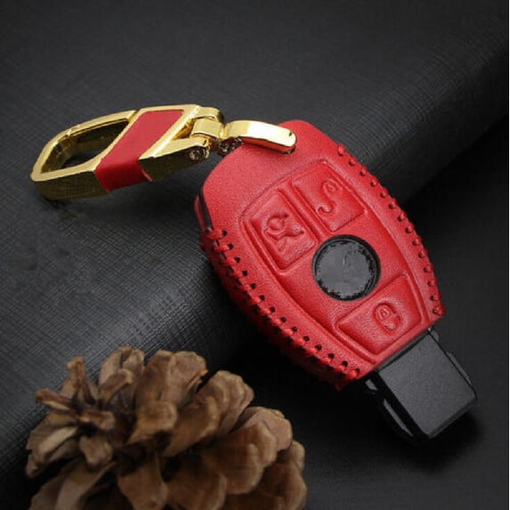 1 x Remote 3 Buttons Key Case Bag Fob Holder Leather Cover Chain For Benz