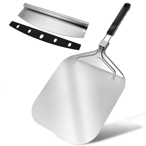 1 x aluminum pizza peel 1 x 13.7 inch stainless steel pizza rocker cutter with cover-Silver