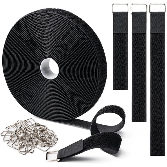 1" x16Ft Hook and Loop Straps with 25 Metal Buckles, Adjustable Fastening Cable Straps, Free Cut Length, Reusable Nylon Ties for Organizer or Storage, Black