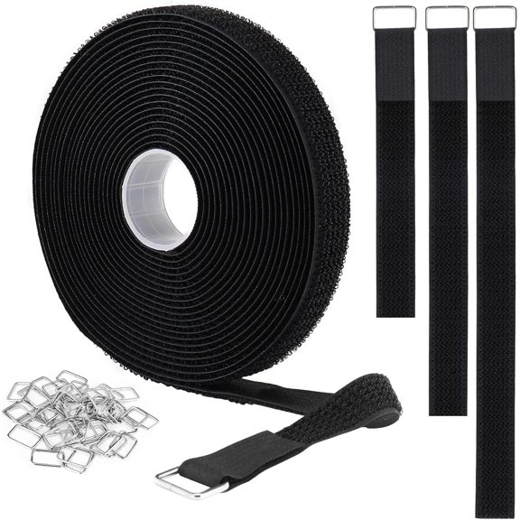 1"x16ft Hook and Loop Straps with 25 Metal Buckles, Adjustable Fastening Straps, Cut-to-Length Cinch Strap, Nylon Securing Cord Ties for Organizer or Storage, 1 inch Wide, Black