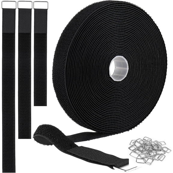 1"x32ft Velcro Strap with 50 Metal Buckles, Adjustable Fastening Cable Straps, Reusable Nylon Securing Cord Ties for Organizer