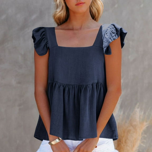 Dgankt Womens Summer Tops Women's Summer Peplum Blouse Square Neck Ruffle Strap Sleeveless and Backless with Button Babydoll Tank Top