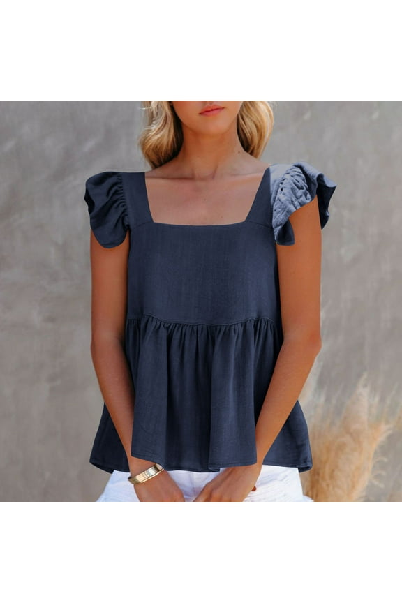 Womens Summer Tops Women's Summer Peplum Blouse Square Neck Ruffle Strap Sleeveless and Backless with Button Babydoll Tank Top