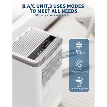 10,000 BTUs Portable Air Conditioners with Heater, Room Air Conditioner with Remote Control, 3-in-1 Stand up AC Cooling for 450 Sq. Ft, Built in Dehumidifier & Fan Modes, 24H Timer