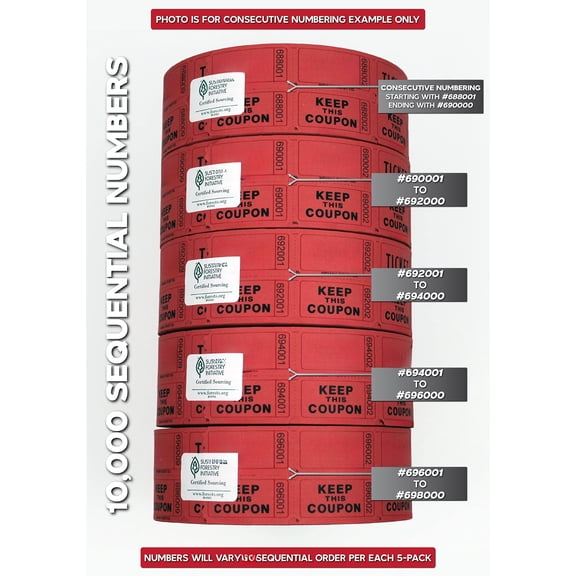 10 000 Red Consecutively Numbered Raffle Roll. 5 Rolls Of 2 000  For Classroom Rewards Events Fundraisers Door Entry Prizes Drink/food Tickets & More