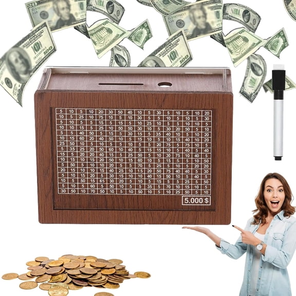 $10,000 Savings Challenge Box Kit with [Bonus Marker Pen] – Wooden Cash Vault Money Bank with Counter – Reusable Financial Goal Piggy Bank for Adults