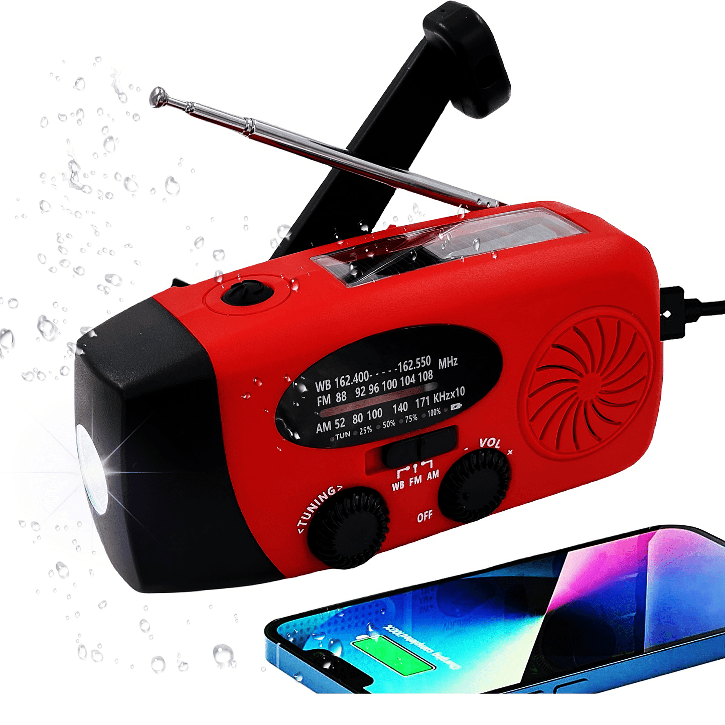 10,000 mAh7-Band Emergency Weather AM/FM/WB Radio with NOAA, Flashlight, Phone Charger (RED)