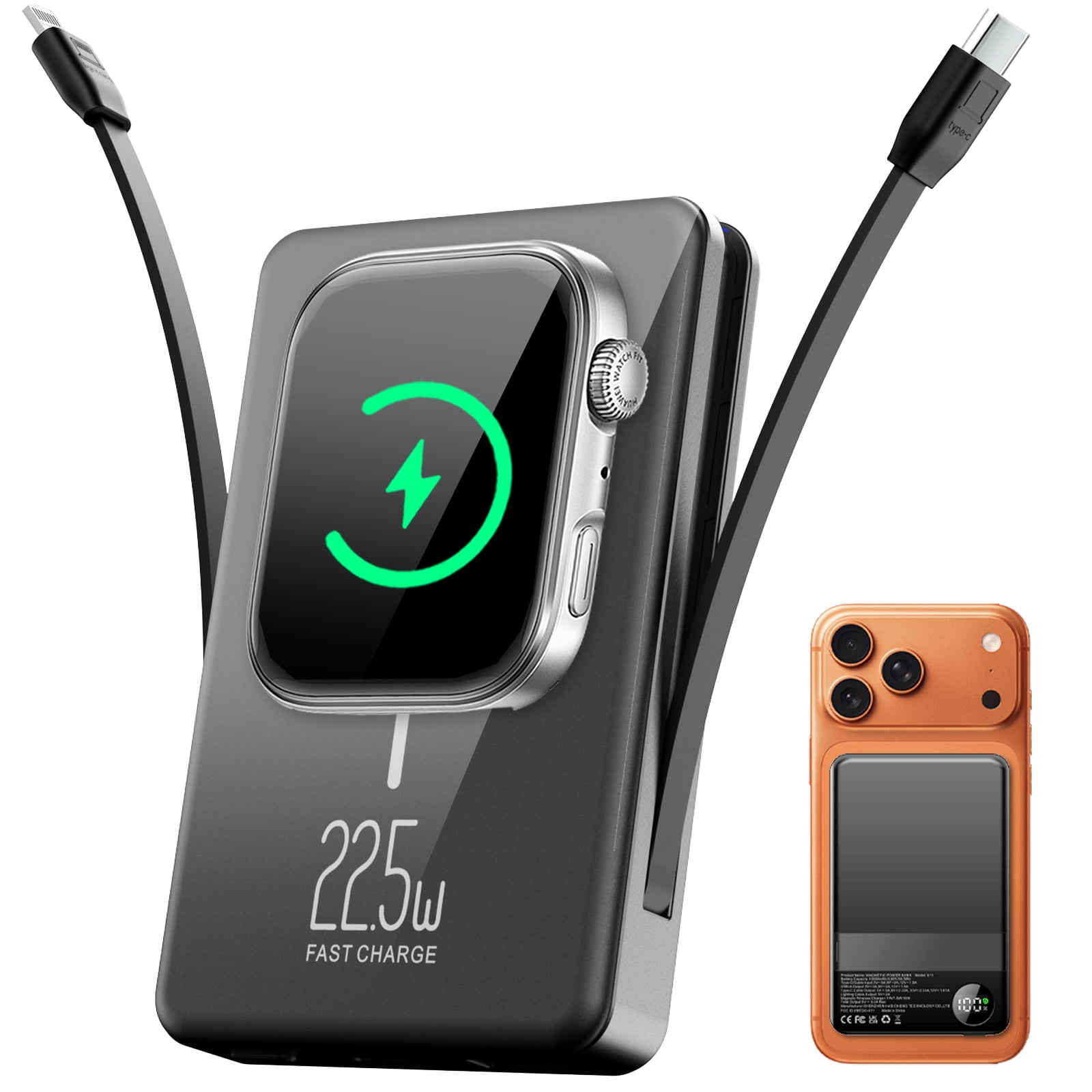 Magnetic Portable Charger with Built-in-Cable, iWatch Charger, 10000mAh Power Bank with Display, Foldable Stand, 22.5W Fast Charging Travel Battery Pack Compatible with iPhone and Apple Watch