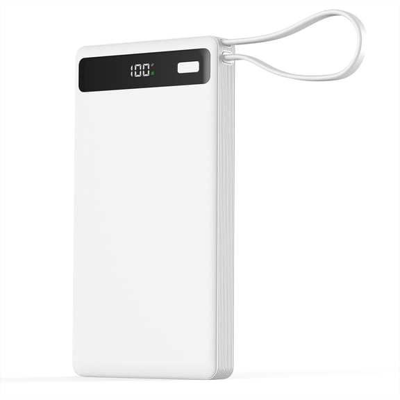 10,000mAh Portable Power Bank (Built-in Cables) 22.5W Fast Charging Battery Pack with LED Digital Display Compatible with iPhone, Samsung, Android Phones, and More White