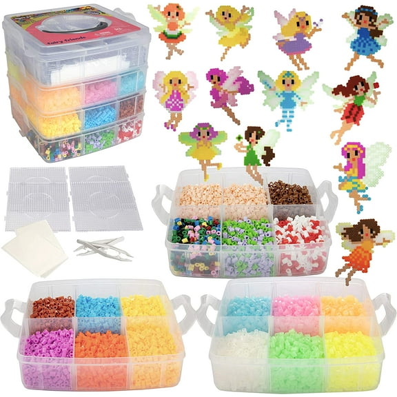10,000pc Fuse Bead Fairy Kit w Carrier CASE - 25 Colors, 12 Unique Templates, 4 Peg Boards, Tweezers, Ironing Paper, Case - Works w Perler Beads, Pixel Art Color by Numbers Project Gift