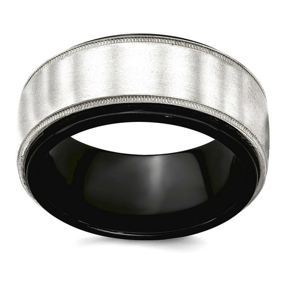 10.00mm Black Titanium and 925 Sterling Silver Brushed And Polished Milgrain Ring Size 11 Ring for Women